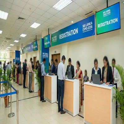 Exhibition booth setup and registration desk at Sri Lanka Expo